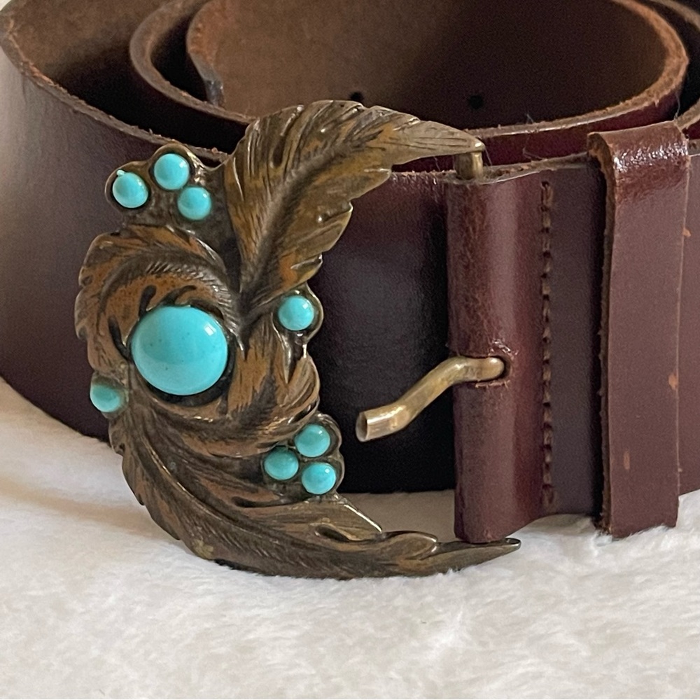 H&M Leather Belt Brown with Aqua stones Womens - US 34/EU 85